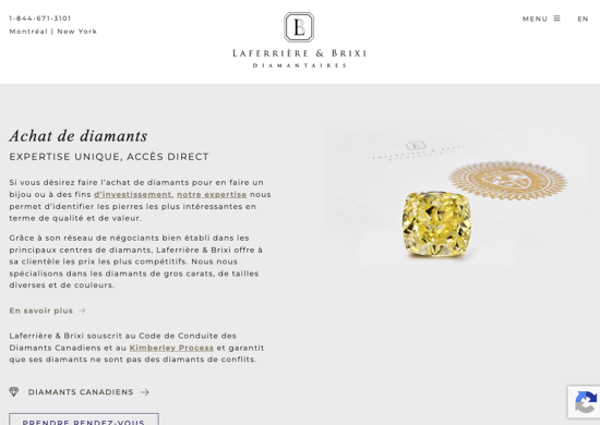 diamond buying, exceptional diamonds, Laferrière & Brixi Diamantaires, SEO optimization, WordPress, Elementor, 8P Design, diamond website, web agency Montreal, conversion-focused user journey