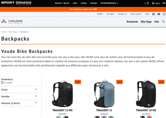 screenshot : Vaude Site Web transactionnel ecommerce