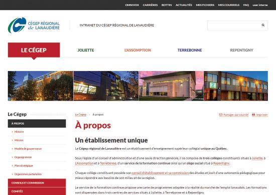 Portail Intranet Cégep Lanaudiere sous Drupal 8 - Page d'accueil