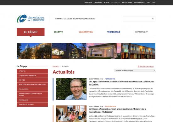 Portail Intranet Cégep Lanaudiere sous Drupal 8 - Page de nouvelles